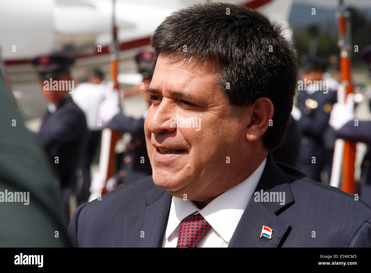 Bogota, Colombia. 6th Aug, 2014. Paraguay´s President Horacio Cartes during his arrival in Bogota on August 6 at the Military Airport CATAM in Bogotá. The President will attend the inauguration of his Colombian counterpart Juan Manuel Santos on Thursday a new beginning of President Santos' period of Government (2014-2018). Credit:  César Mariño García/Pacific Press/Alamy Live News Stock Photo