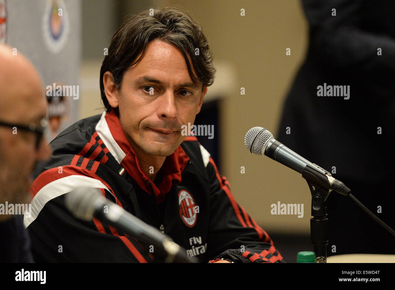 Houston, Texas, USA. 6th Aug, 2014. AC Milan head coach Filippo Inzaghi fields questions in the post-game press conference after a friendly between AC Milan and Chivas de Guadalajara at NRG Stadium in Houston, TX on August 6th, 2014. AC Milan won the game 3-0. Credit:  Trask Smith/ZUMA Wire/Alamy Live News Stock Photo