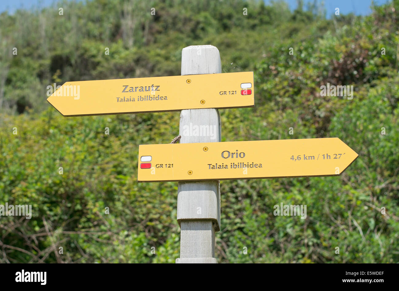 GR-121 footpath sign Zarautz , Gipuzkoa,  Basque Country, Northern Spain, Europe Stock Photo