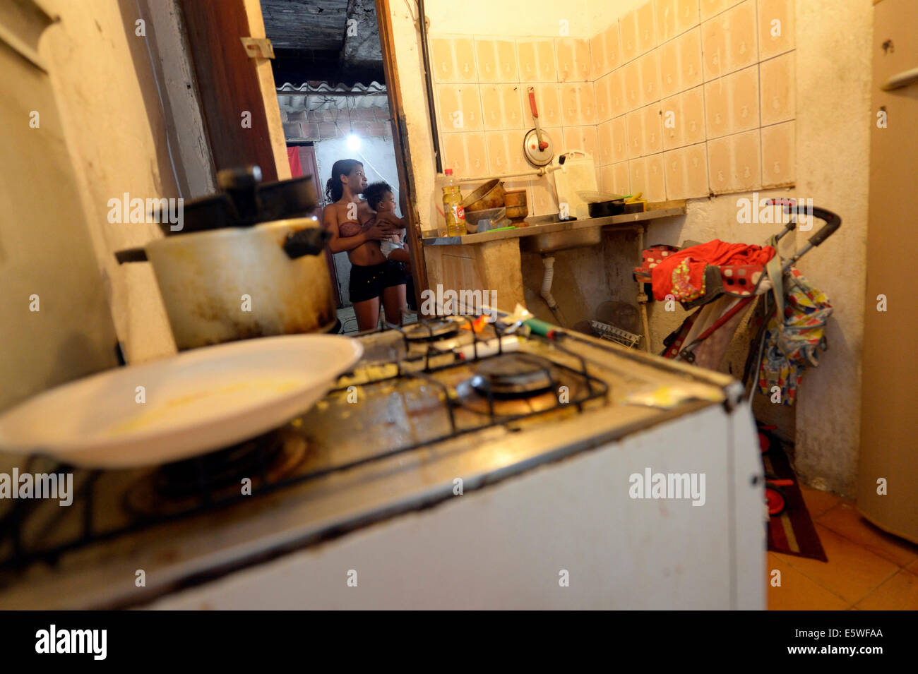 Run-down kitchen in a squat or occupied house, Gloria district, Rio de Janeiro, Rio de Janeiro State, Brazil Stock Photo