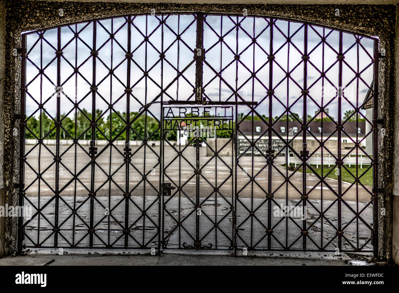 Entrance gate with the slogan 'Arbeit macht frei', German for 'Work will make you free', Dachau concentration camp, Dachau Stock Photo