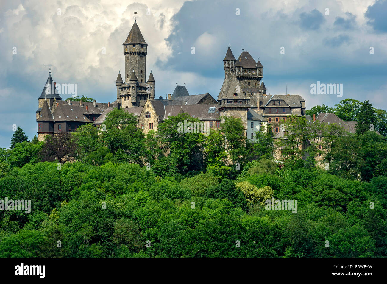 Castle towers, Hubertus Tower, New Castle Keep, Georg Tower and Alter Stock tower, in the overall view of Castle Braunfels Stock Photo