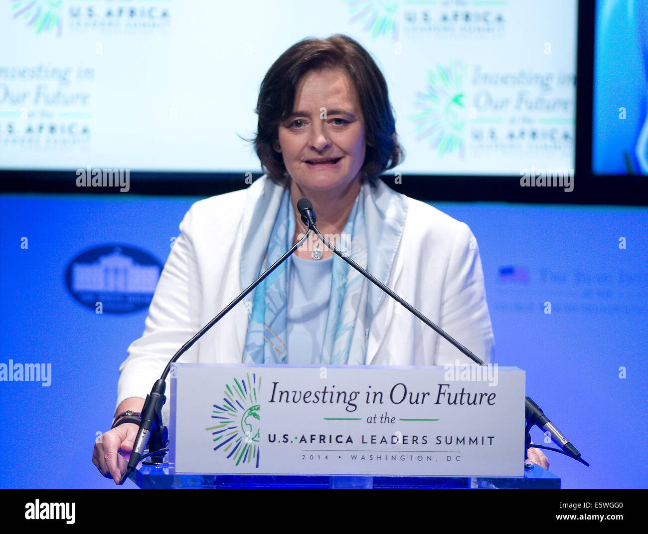 Washington DC, US. 6th Aug, 2014.  Cherie Blair, wife of former British Prime Minister Tony Blair and founder, Cherie Blair Foundation for Women, makes remarks at the 'Investing in our Future at the U.S. - Africa Leaders Summit at the John F. Kennedy Center for the Performing Arts in Washington, DC on Wednesday, August 6, 2014. Credit:  dpa picture alliance/Alamy Live News Stock Photo