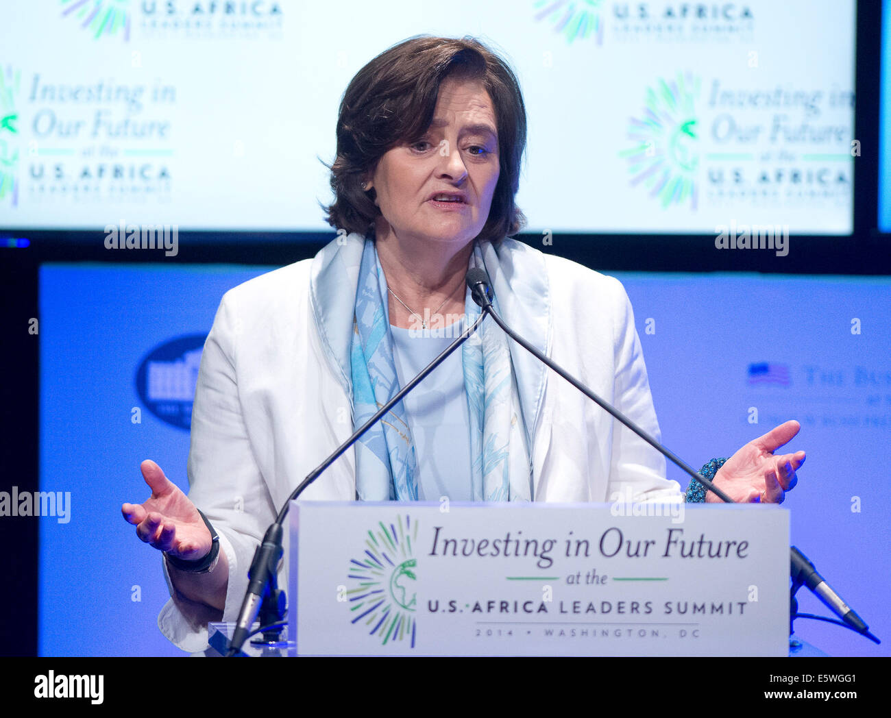 Washington DC, US. 6th Aug, 2014. Cherie Blair, wife of former British Prime Minister Tony Blair and founder, Cherie Blair Foundation for Women, makes remarks at the 'Investing in our Future at the U.S. - Africa Leaders Summit at the John F. Kennedy Center for the Performing Arts in Washington, DC on Wednesday, August 6, 2014. Credit:  dpa picture alliance/Alamy Live News Stock Photo