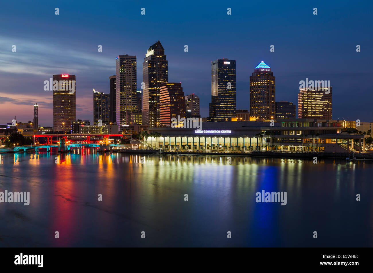 View of Tampa, Florida city skyline at night, Florida, USA with skyscrapers in the Tampa bay central business district - CBD Stock Photo