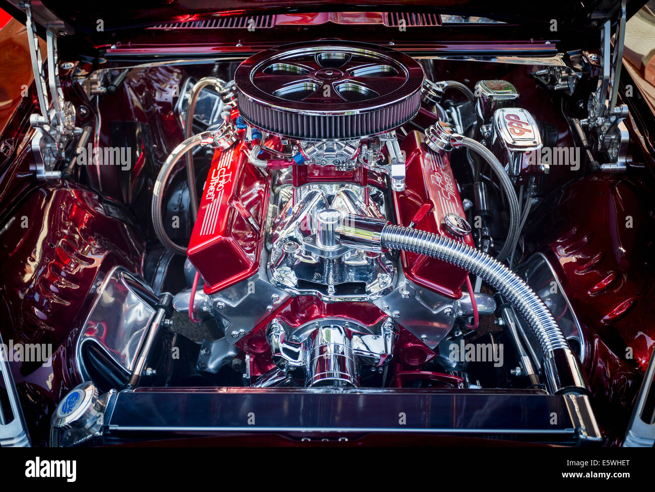 Car engine compartment of antique Chevrolet Camaro, USA Stock Photo