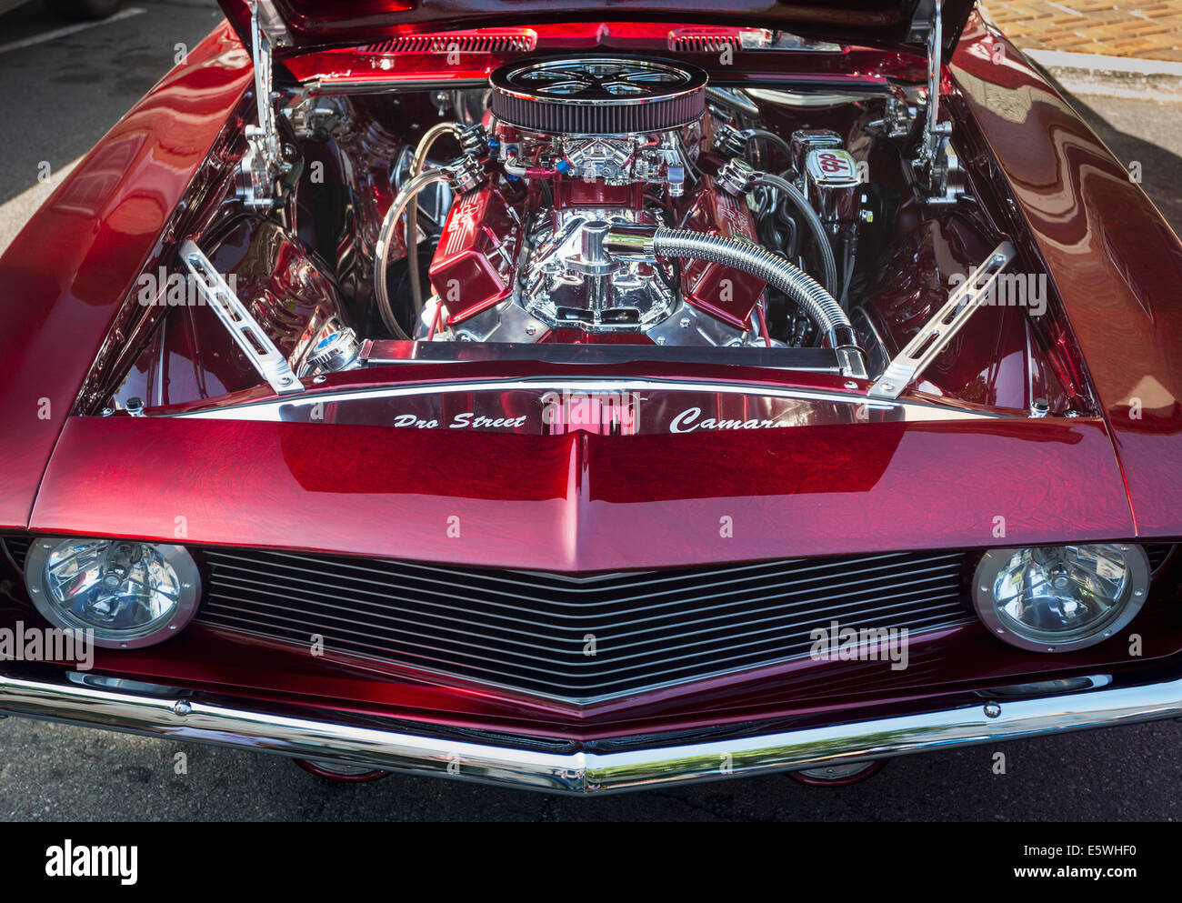 Classic car engine compartment of a vintage car red Chevrolet Camaro, USA Stock Photo