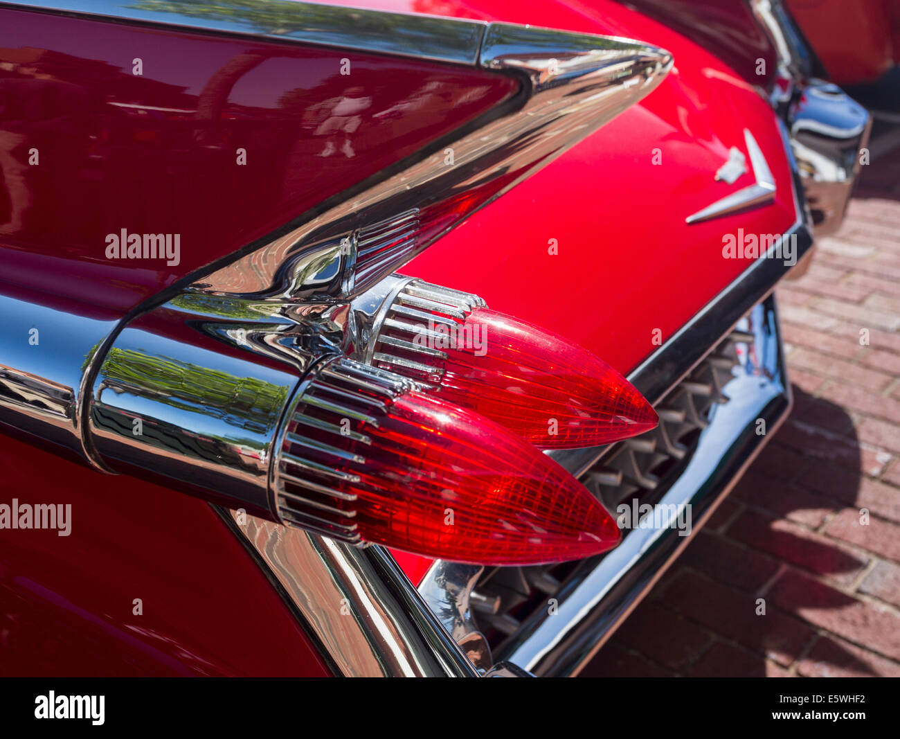 Tail lights and fins of 1959 red Cadillac Eldorado antique classic car, USA Stock Photo