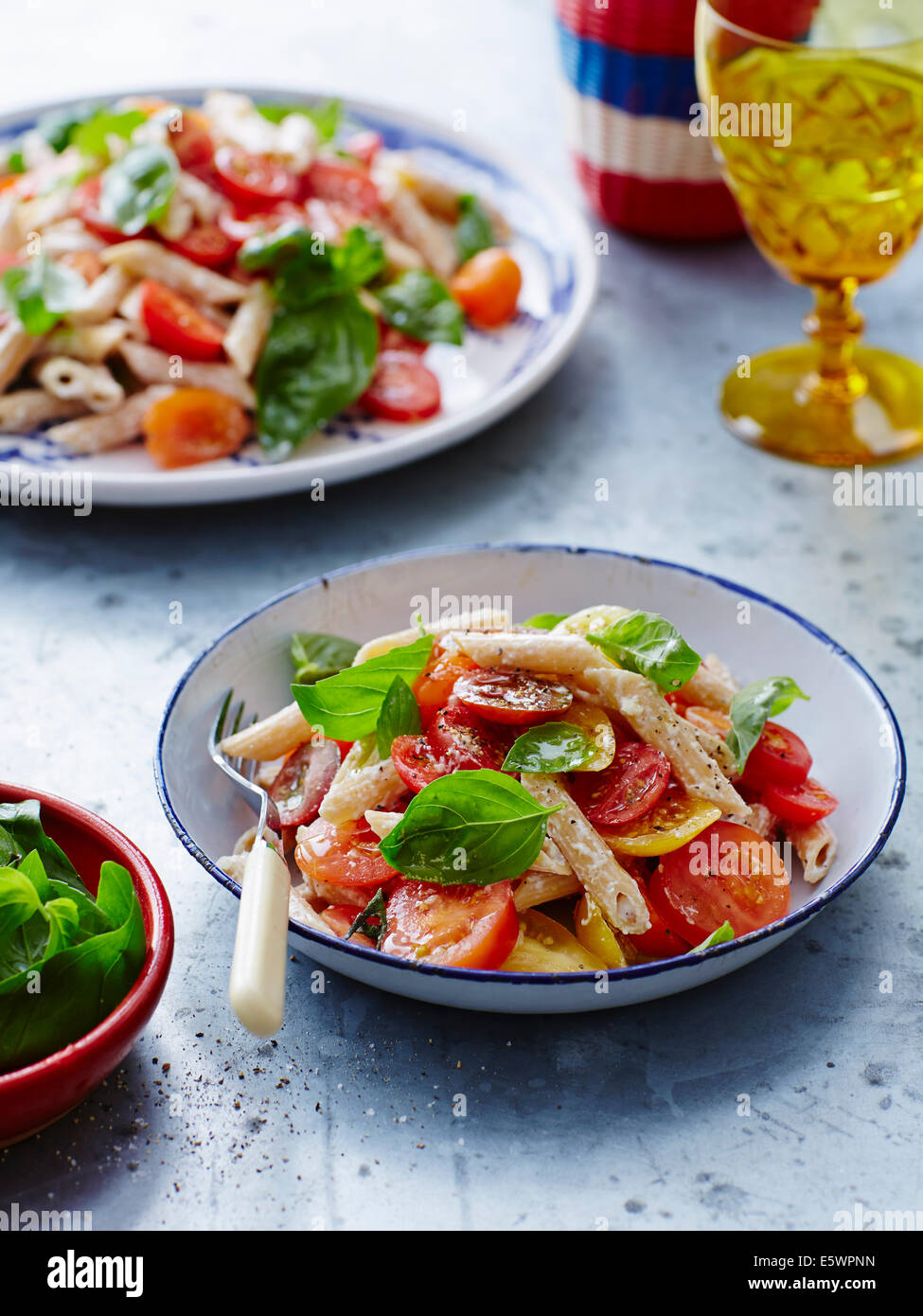 Tomato, basil and pasta salad Stock Photo