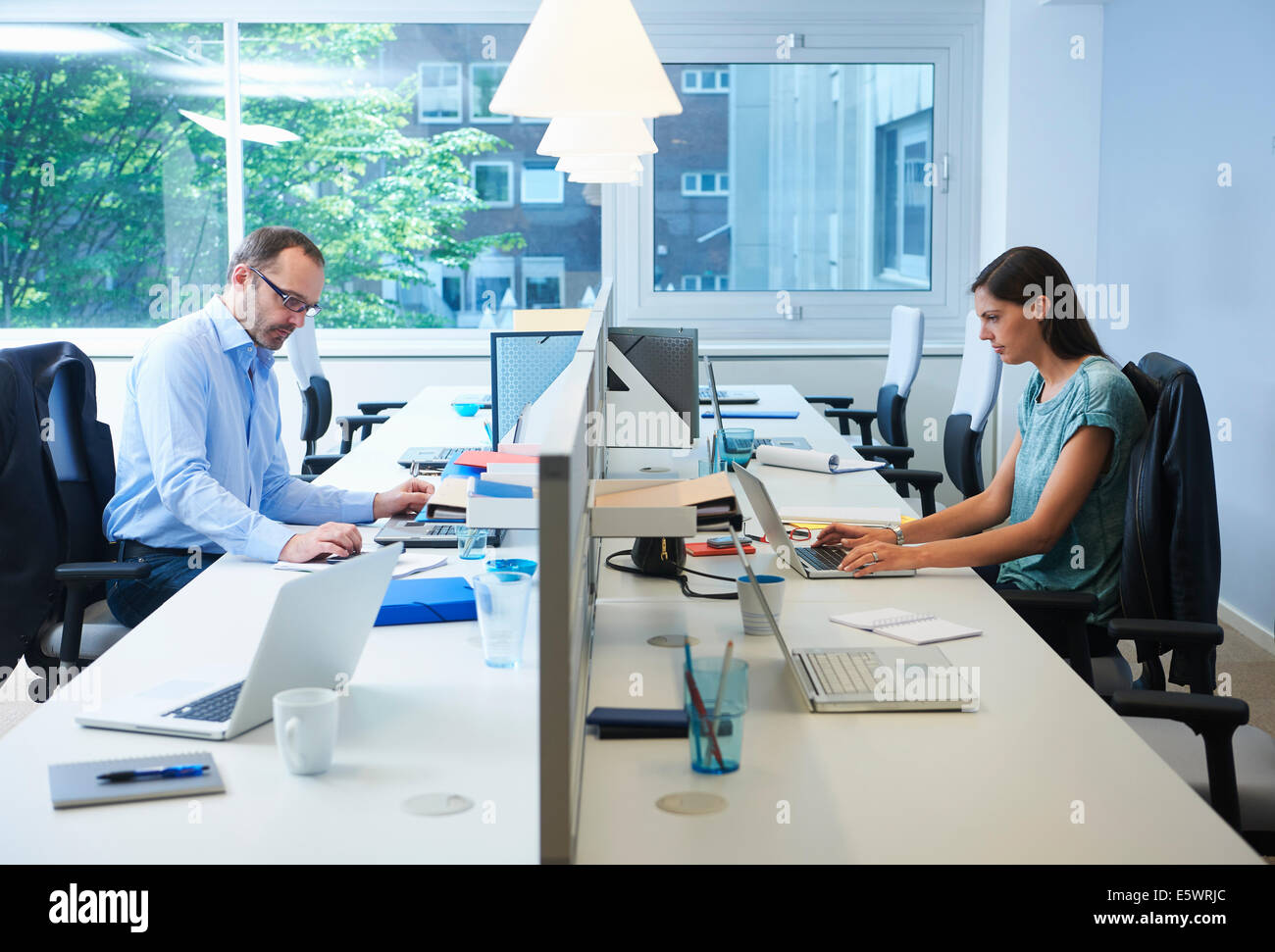 Colleagues working on either side of desk partition Stock Photo