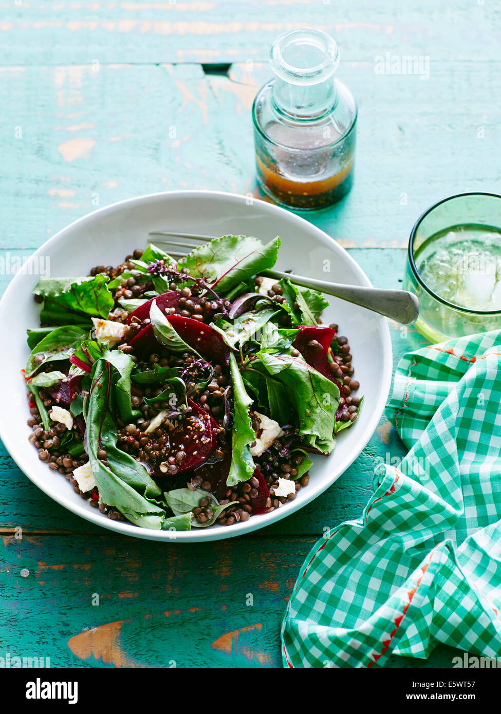 Plate of lentil, beetroot and feta salad Stock Photo