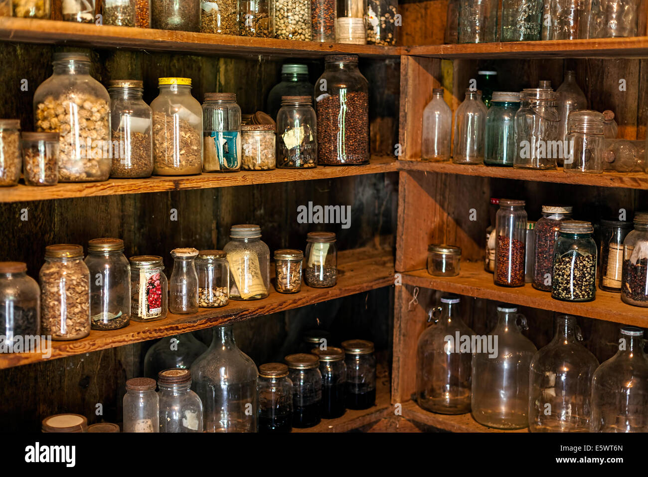https://c8.alamy.com/comp/E5WT6N/old-jars-and-bottles-of-herbs-beans-and-condiments-on-wooden-pantry-E5WT6N.jpg