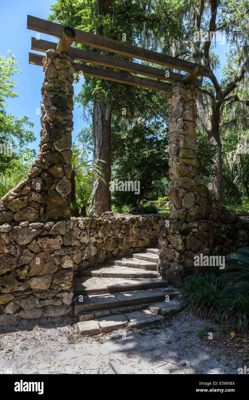 Stone retaining walls and columns support trellis above stone steps in the  Ravine Gardens State Park in Palatka, Florida USA Stock Photo - Alamy