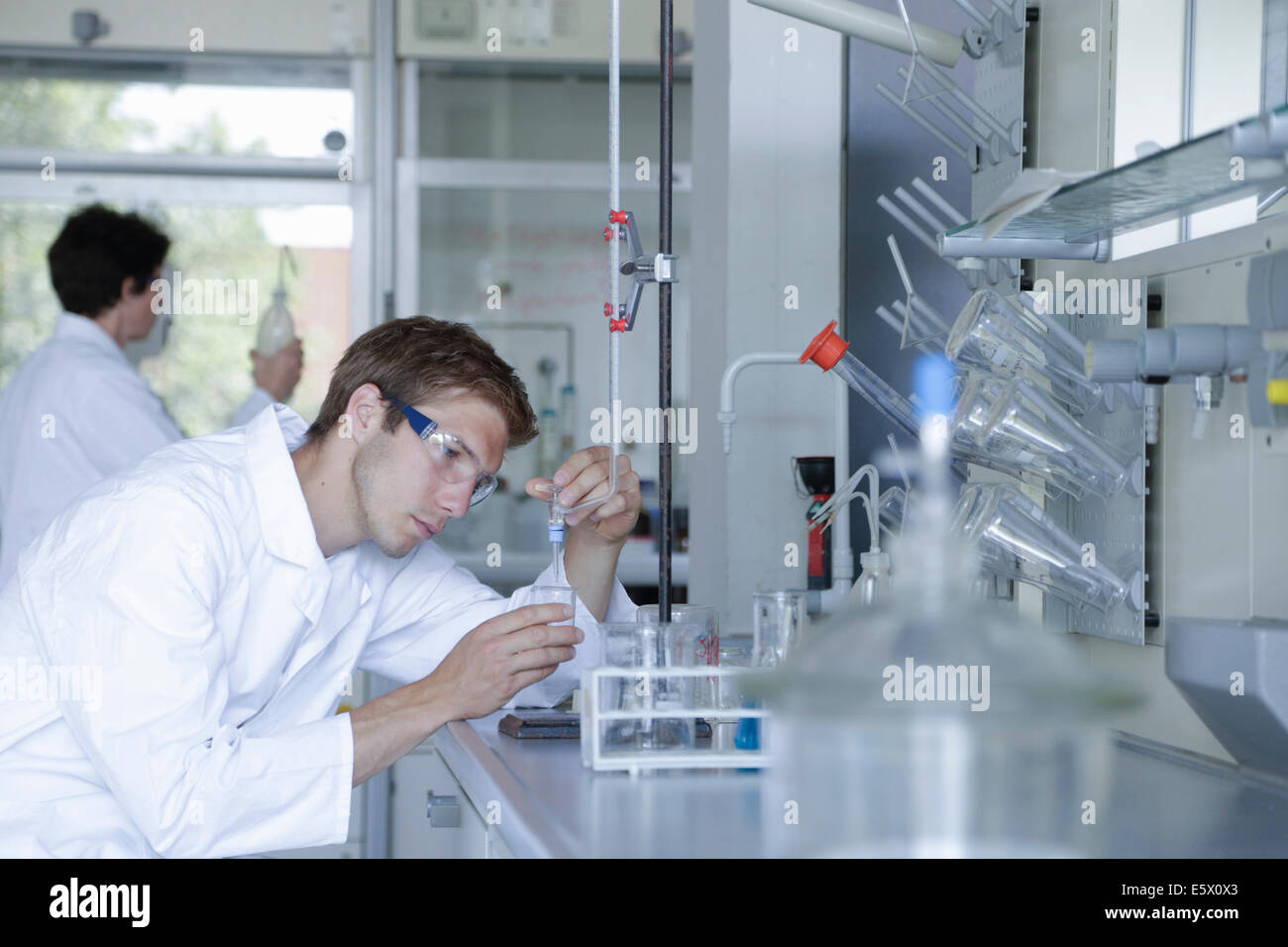 Male and female scientists working in lab Stock Photo