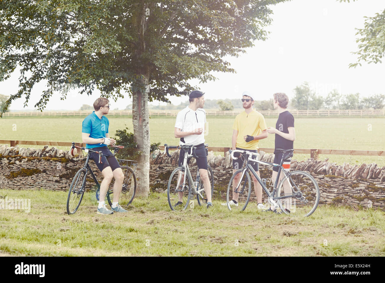 Cyclists standing by stone wall, Cotswolds, UK Stock Photo