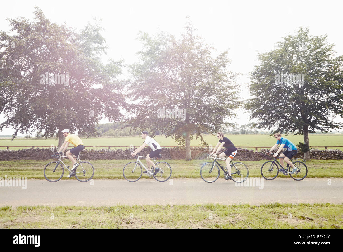 Cyclists riding on leafy countryside road, Cotswolds, UK Stock Photo
