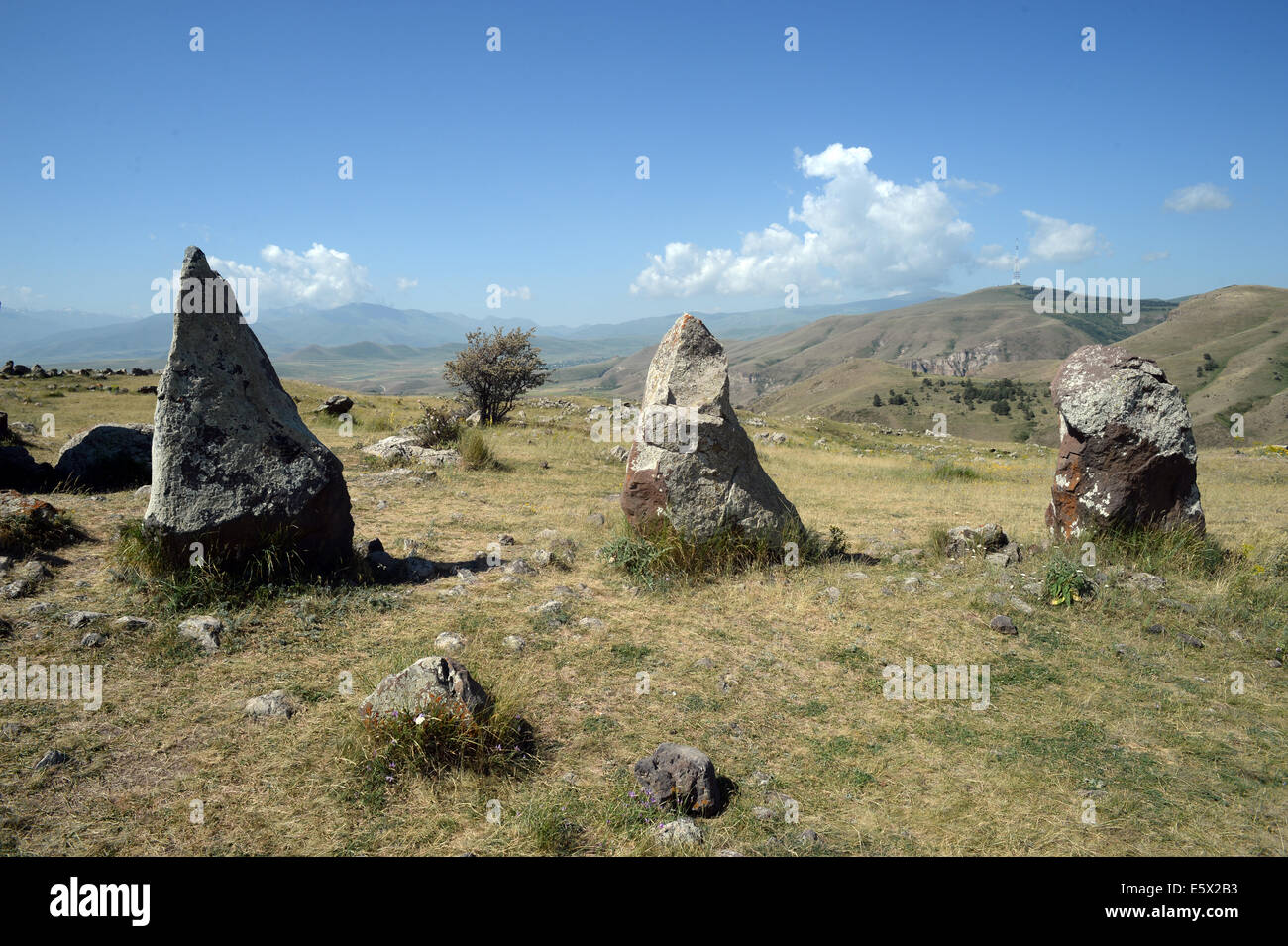Sisian, Armenia. 27th June, 2014. Megaliths are seen at the prehistoric archaeological site Zorats Karer near Sisian, Armenia, 27 June 2014. The site served as a necropolis from the Middle Bronze Age to the Iron Age. Photo: Jens Kalaene -NO WIRE SERVICE-/dpa/Alamy Live News Stock Photo