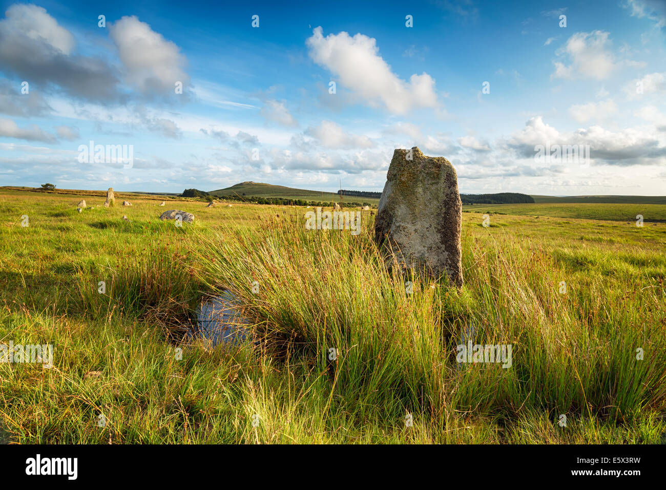 A summer evening at Fernacre Stone Circle on Bodmin Moor in Cornwall Stock Photo