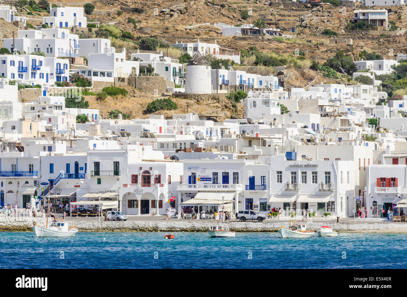 Waterfront whitewashed buildings of Mykonos Town, Mykonos, Cyclades ...