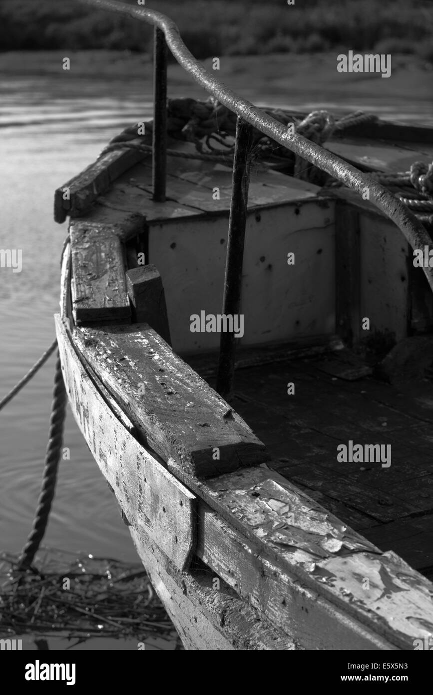 Old fishing boat moored Black and White Stock Photos & Images - Alamy