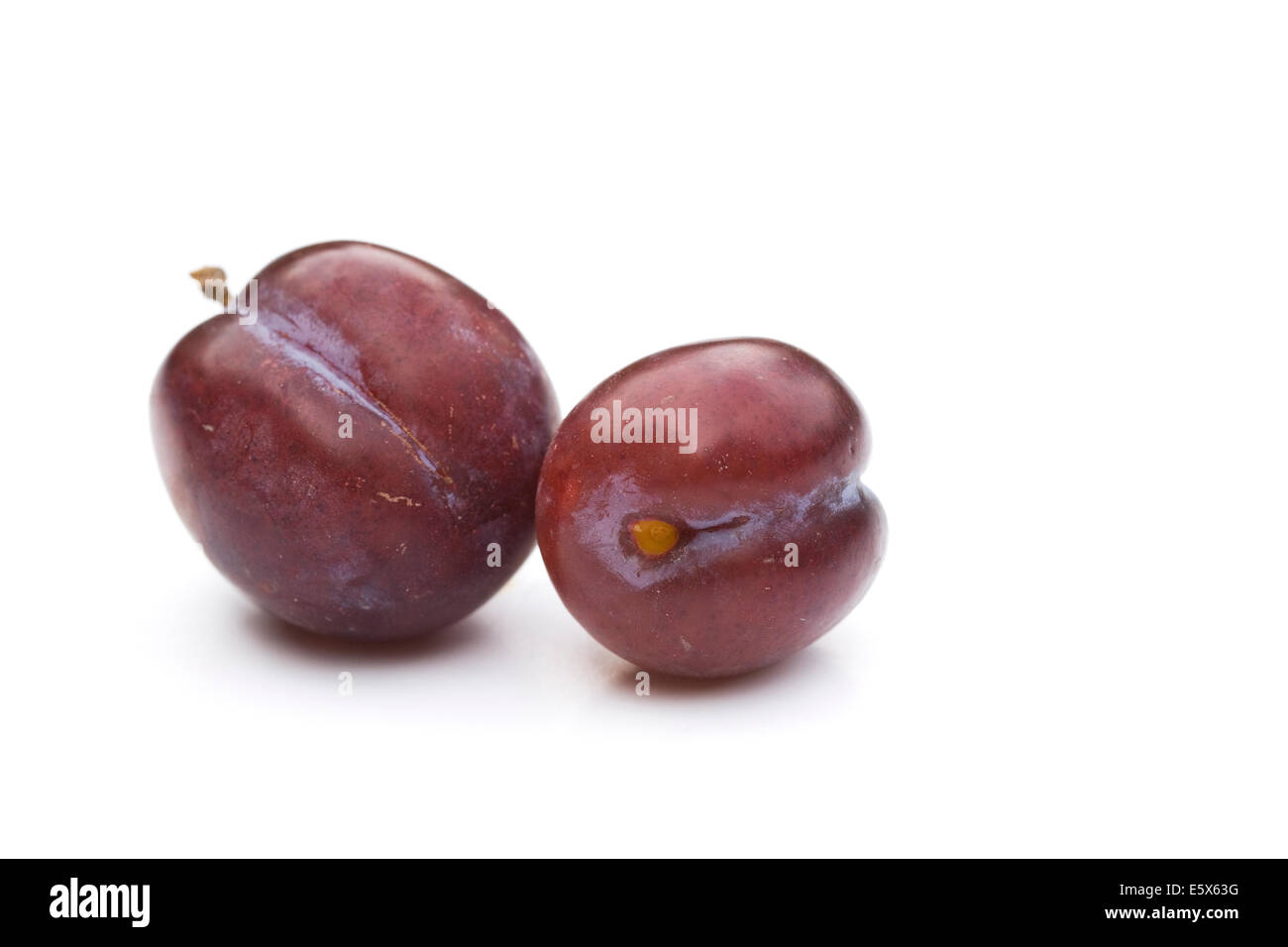 Two plums on a white background. Stock Photo