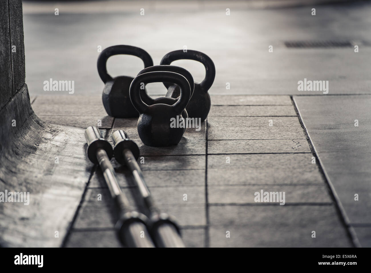Barbell and kettlebell weights Stock Photo