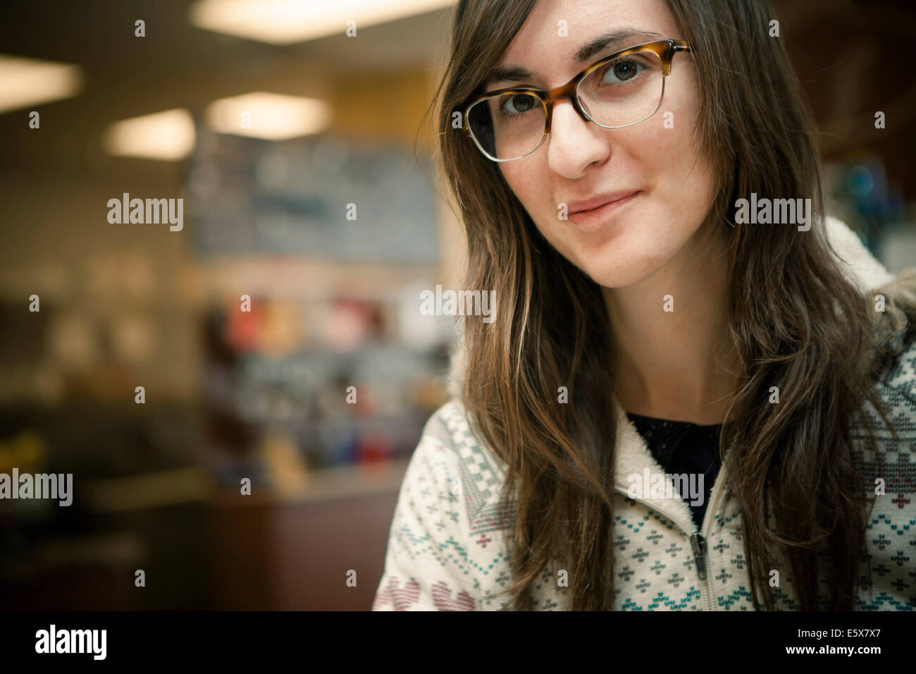 Close up portrait of mid adult woman in cafe Stock Photo