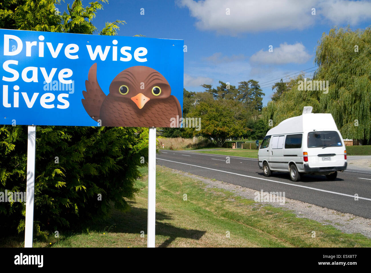 Highway traffic safety sign in the Taupo District, Waikato Region, North Island, New Zealand. Stock Photo