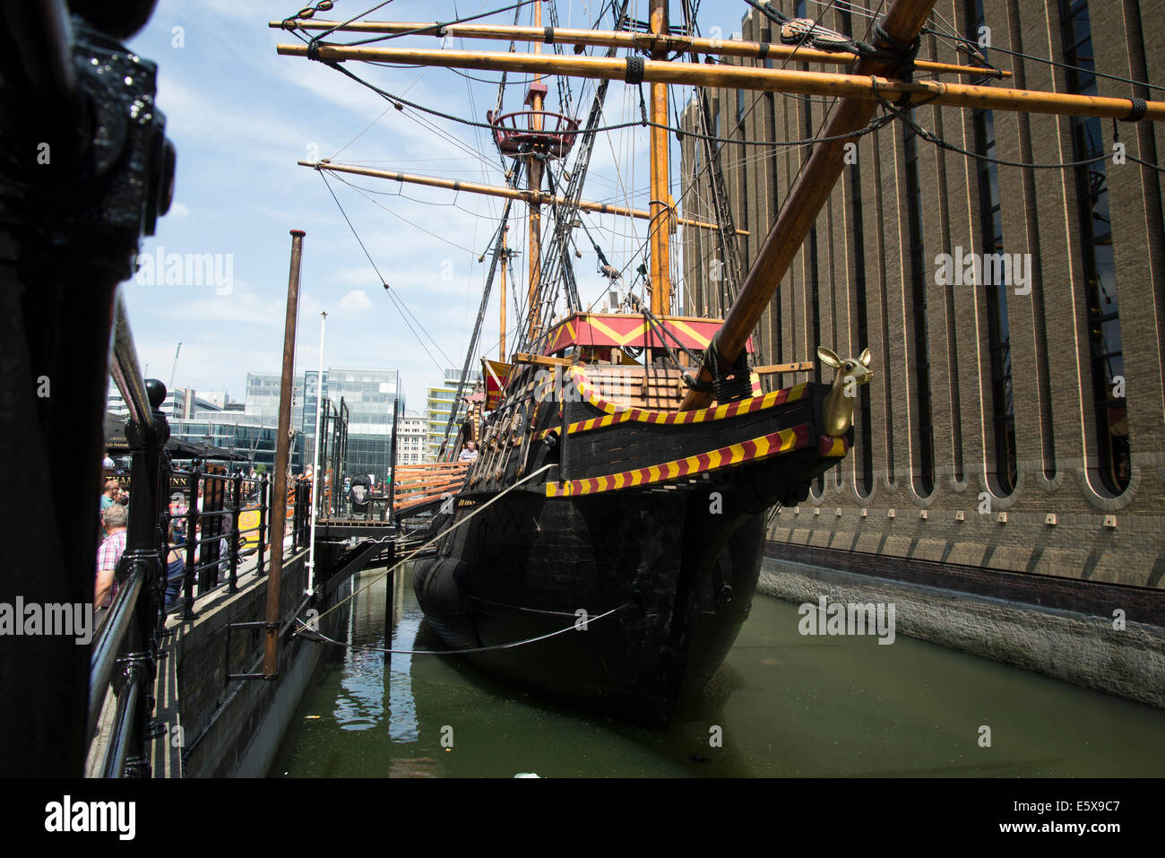 Replica of the Golden Hind, Elizabethan ship of Sir Francis Drake. Southwark, River Thames, London, UK Stock Photo