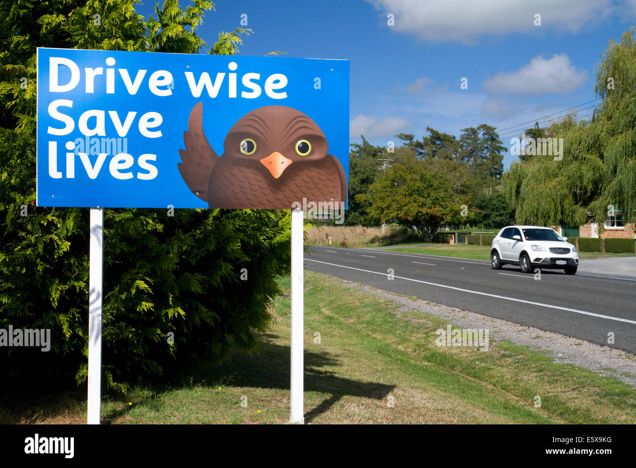 Highway traffic safety sign in the Taupo District, Waikato Region, North Island, New Zealand. Stock Photo
