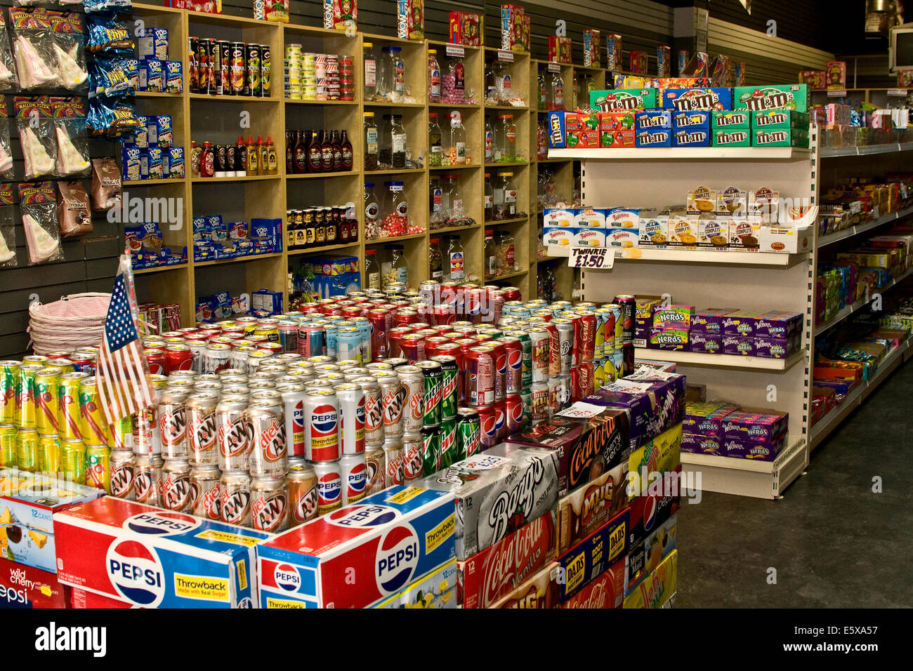 American canned soda and Candy on display inside the American Candy Store in Dundee, UK Stock Photo