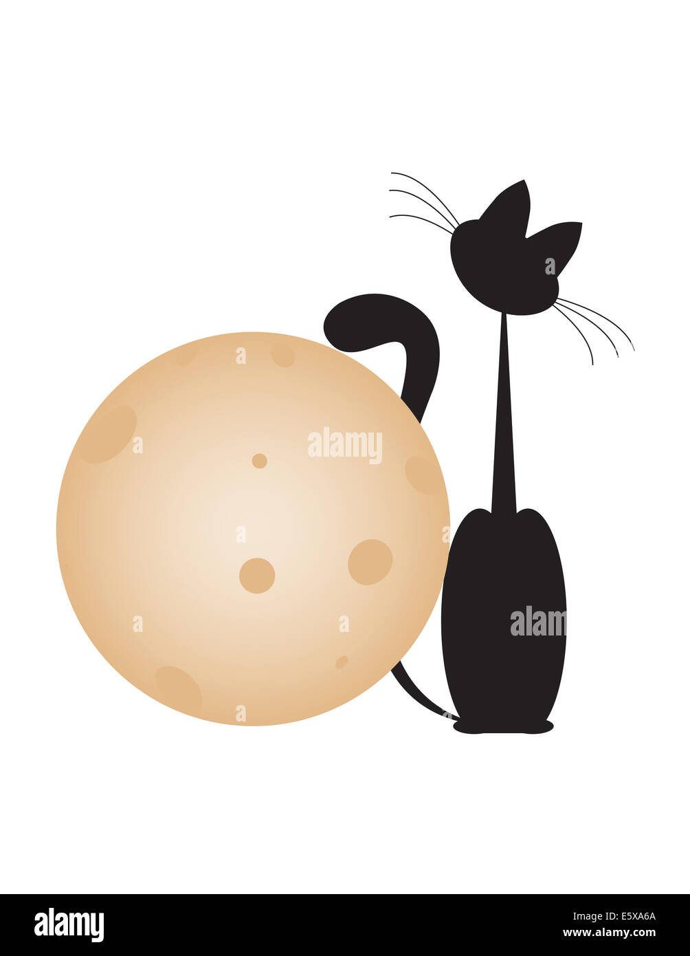 black cat sit with big gold moon on white backgrounds Stock Photo