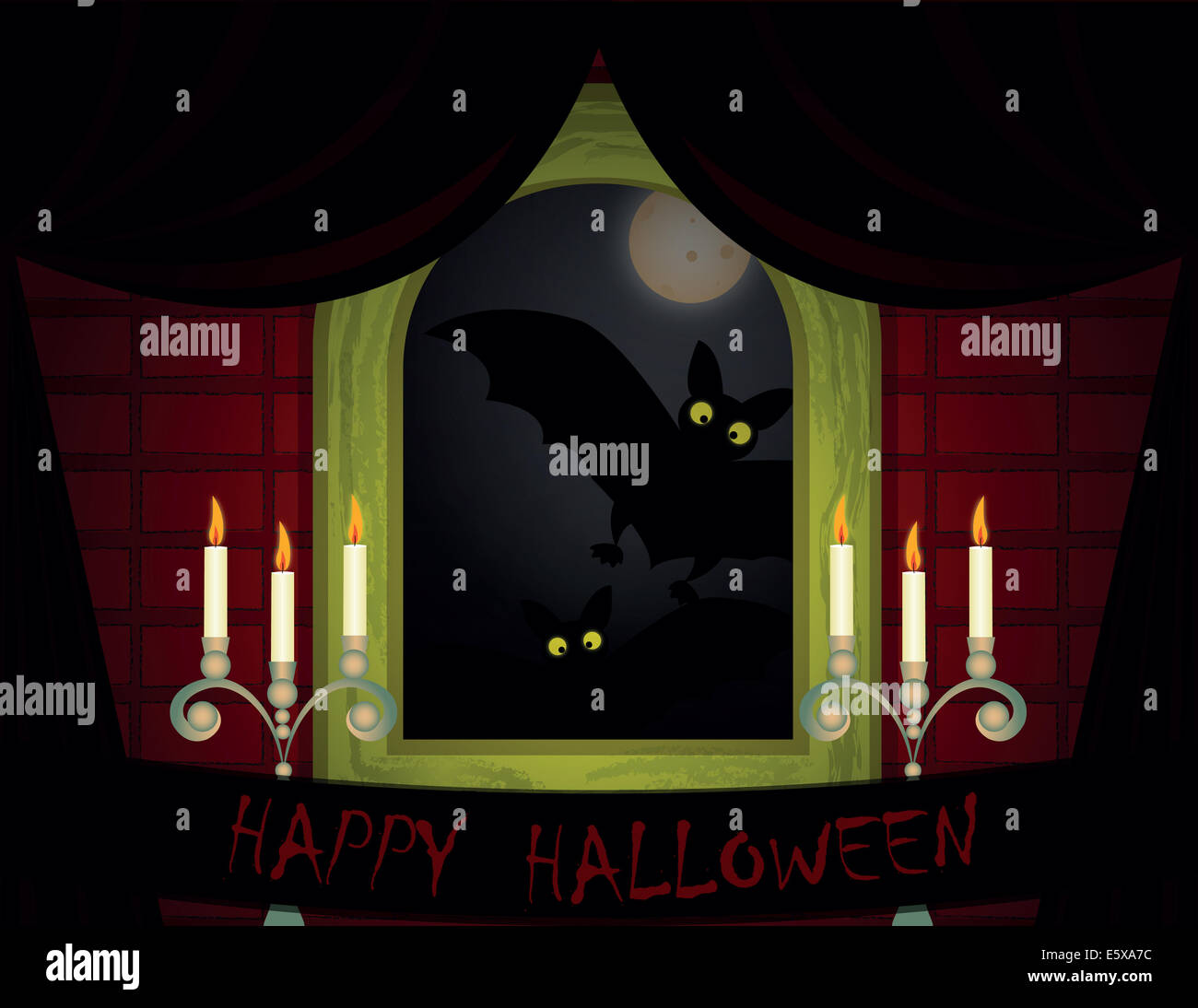 Moonlight Window Bat room with window shades, candles and bats with moon in window Stock ...