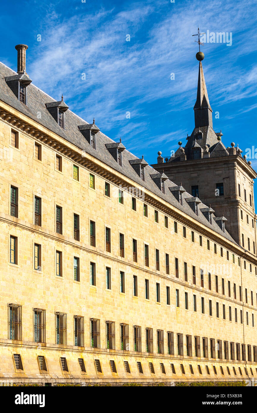 Perspective view of the Royal Site of San Lorenzo de El Escorial with its dormer windows on the roof and a tower at the bottom Stock Photo