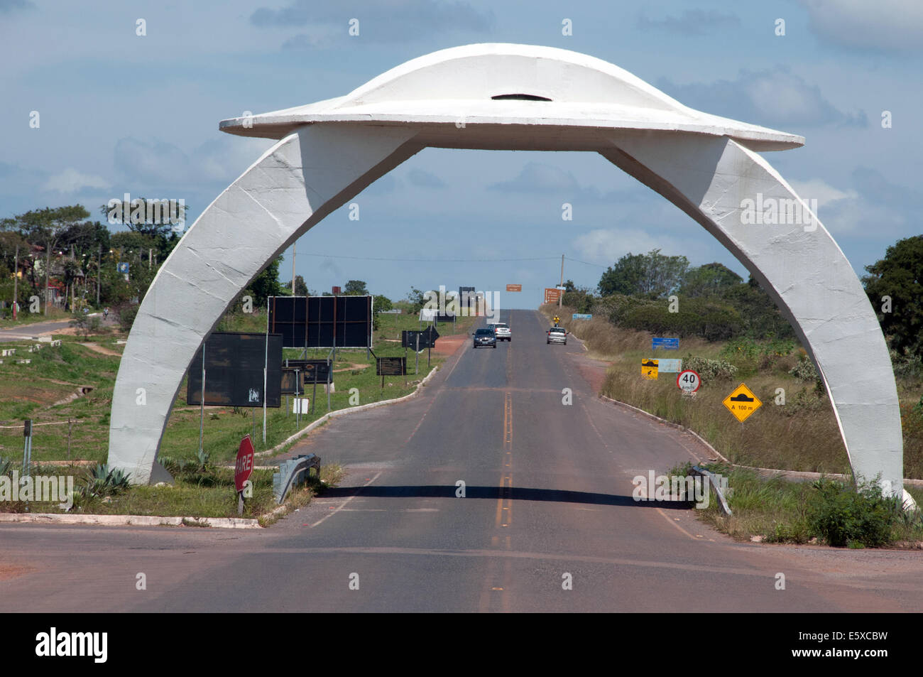 Gate to Alto Paraíso de Goiás in the shape of a flying saucer Stock Photo