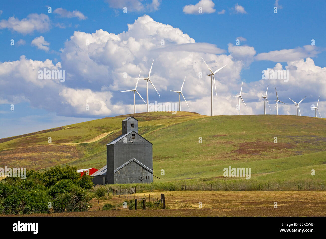 A farm and wheat silo overshadowed by wind turbines in the remote Palouse Empire region,  a farming and wheat growing region of eastern Washington. Stock Photo