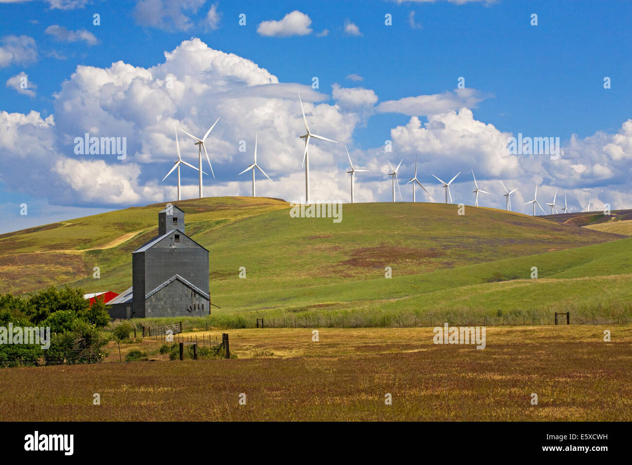A farm and wheat silo overshadowed by wind turbines in the remote Palouse Empire region,  a farming and wheat growing region of eastern Washington. Stock Photo
