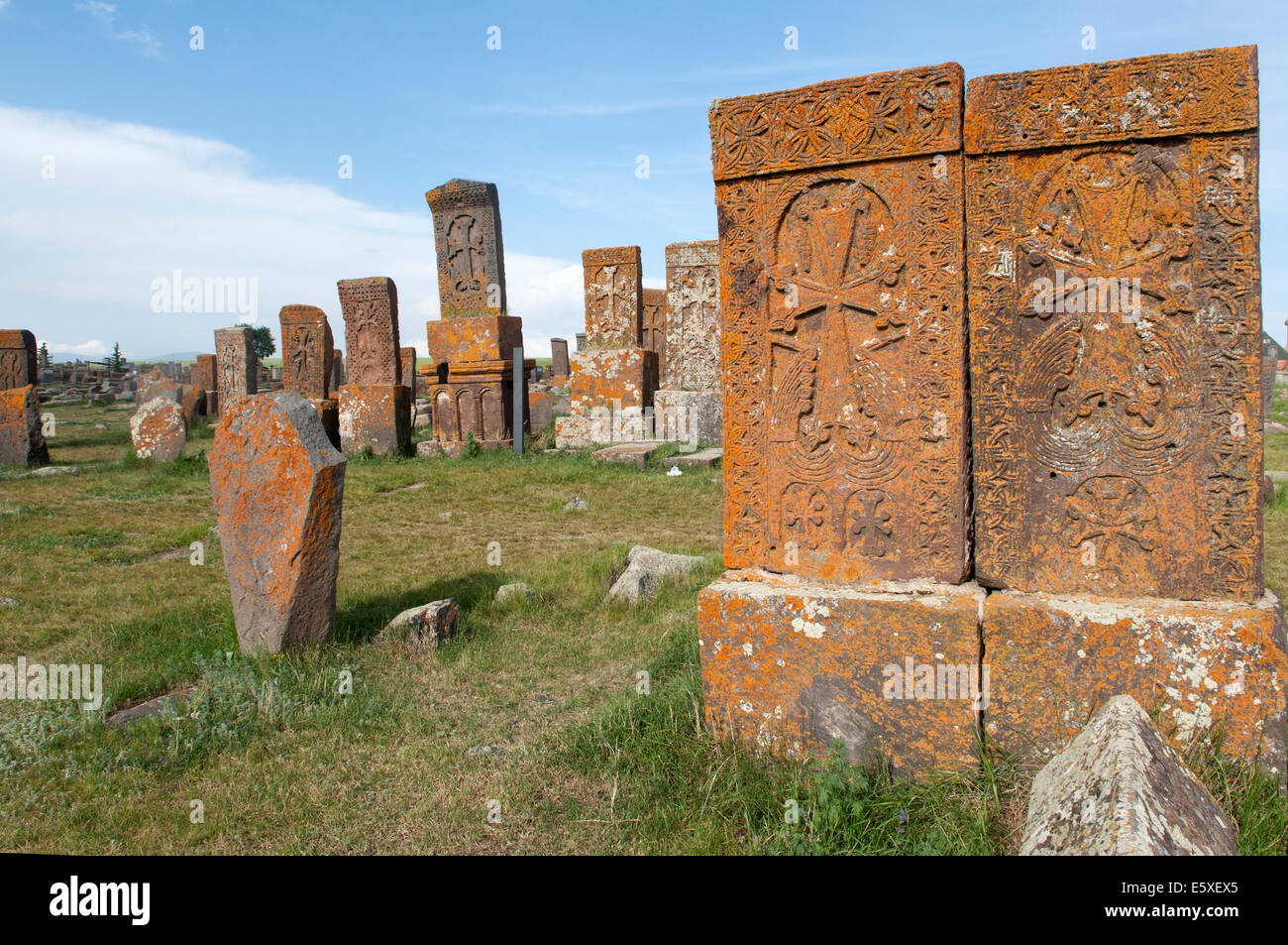 Engraved tombs and khachkars, Noratus cemetery, Armenia Stock Photo
