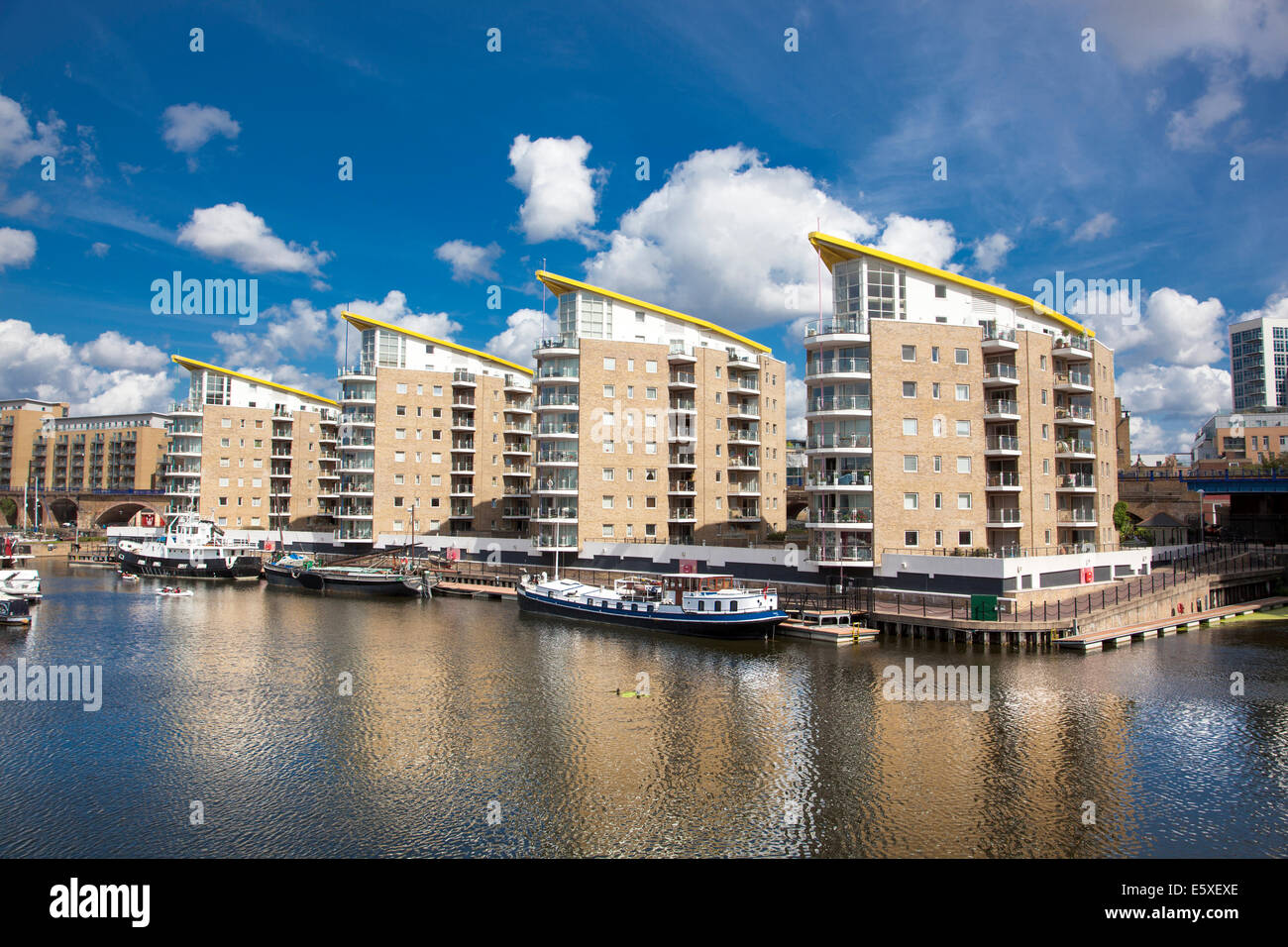 The four apartment blocks of Marina Heights in front of the  Limehouse Basin, Limehouse, Tower Hamlets, London, UK Stock Photo