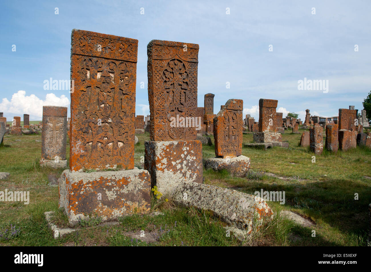 Engraved tombs and khachkars, Noratus cemetery, Armenia Stock Photo