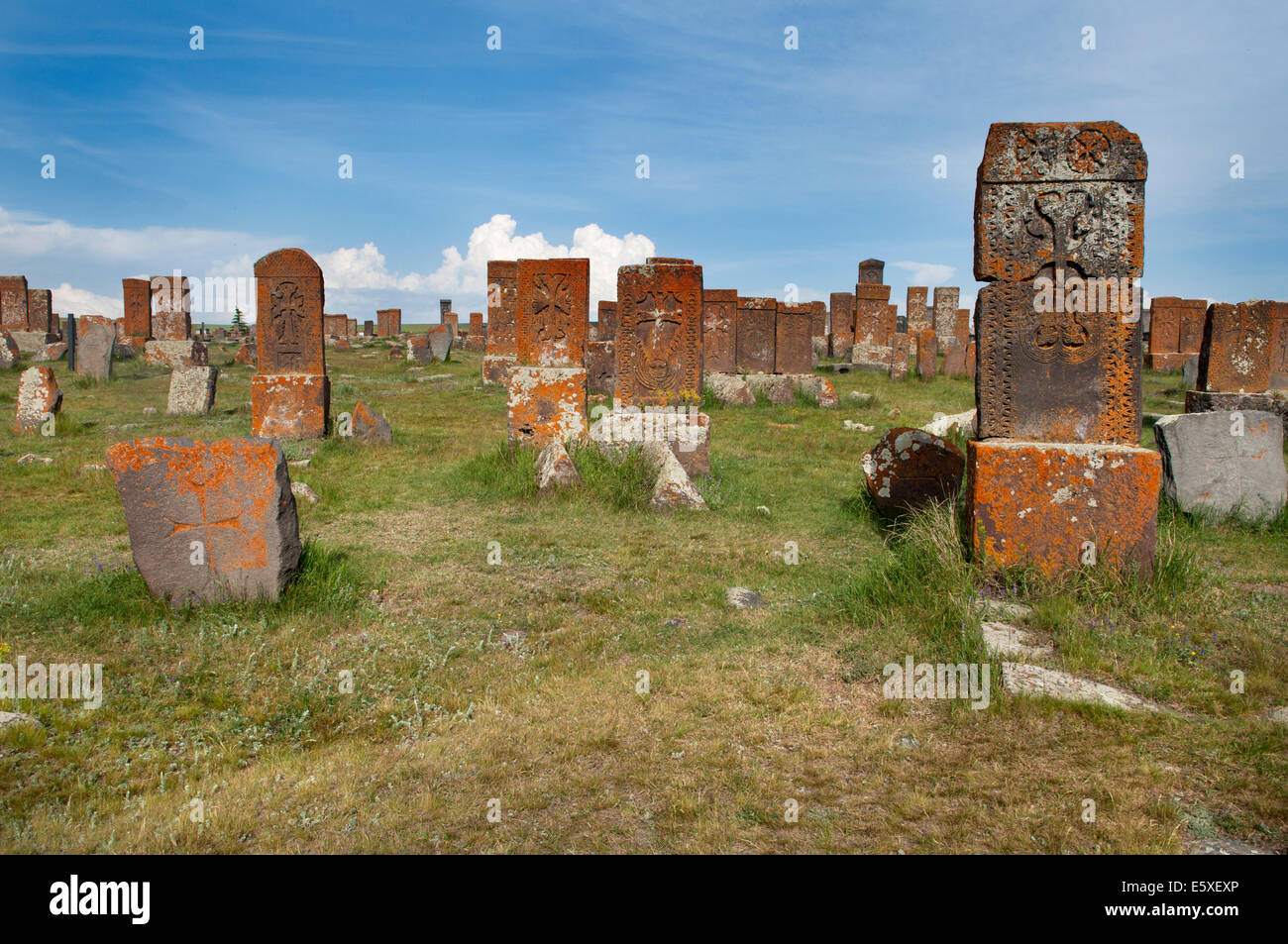 Engraved tombs and khachkars, Noratus cemetery, Armenia Stock Photo