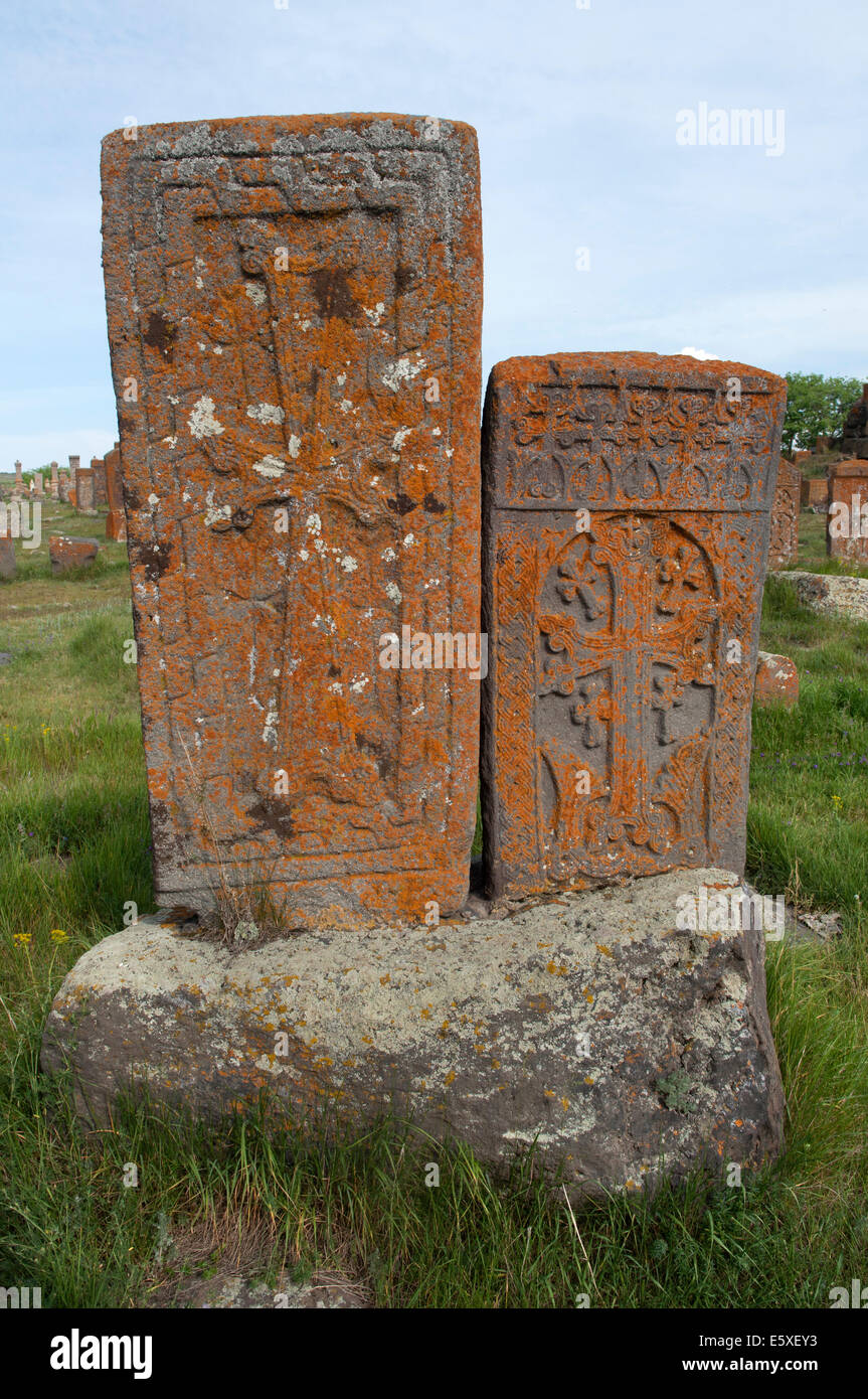 Engraved khachkars, Noratus cemetery, Armenia Stock Photo