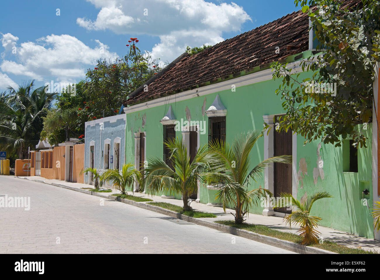 Row of colonial houses Celestun Yucatan Mexico Stock Photo