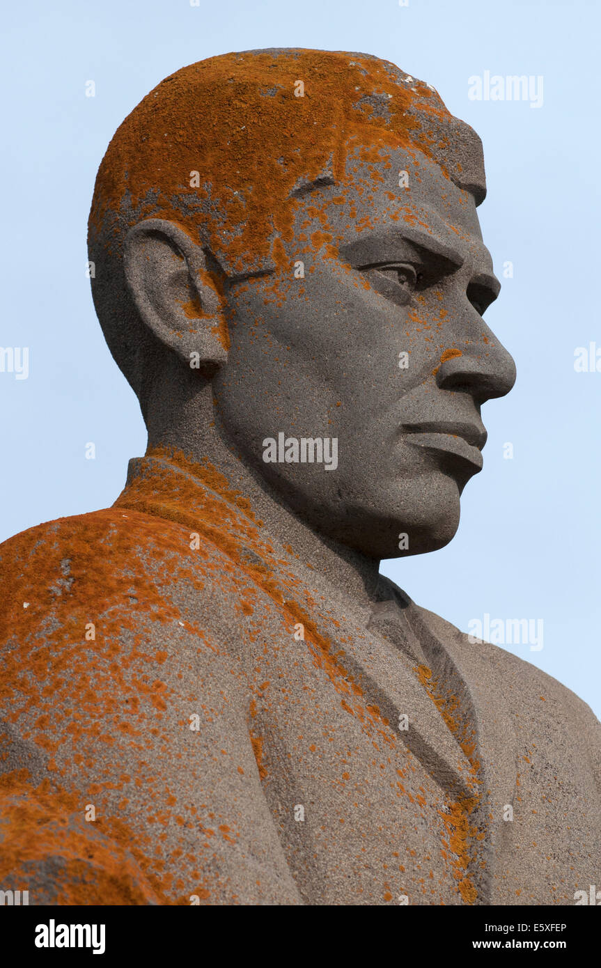 Bust with red lichens, Noratus cemetery, Armenia Stock Photo