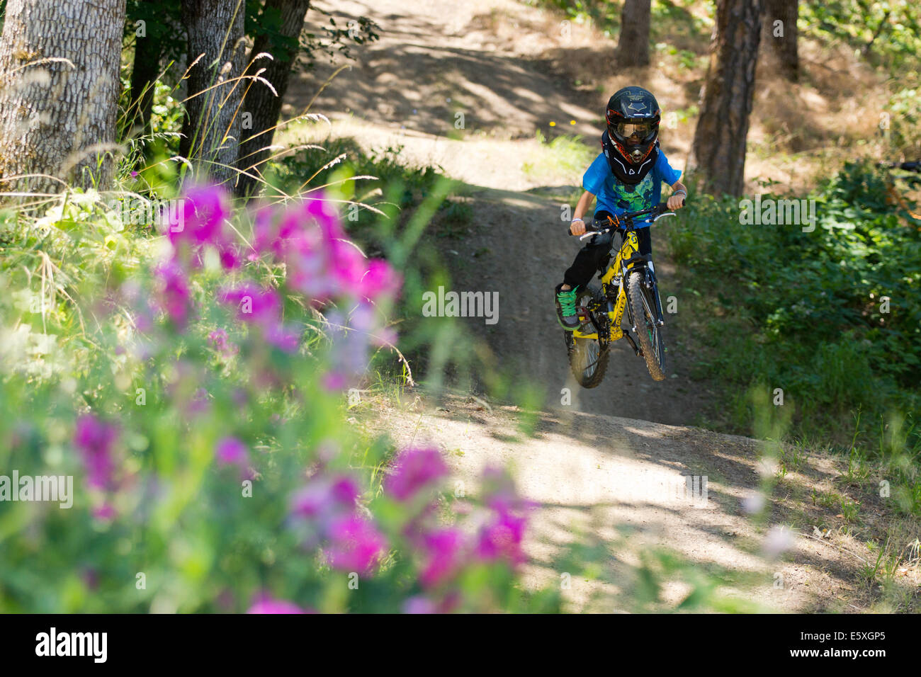 Julien Markewitz rides his mountain bike at the bike park in Mt. Hood, Oregon Stock Photo