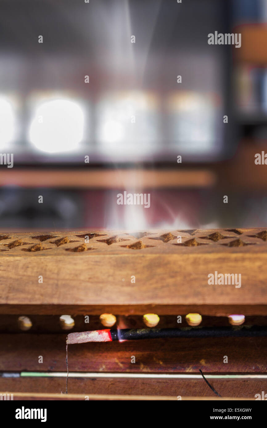 wooden box with incense and smell smoke coming out Stock Photo Alamy