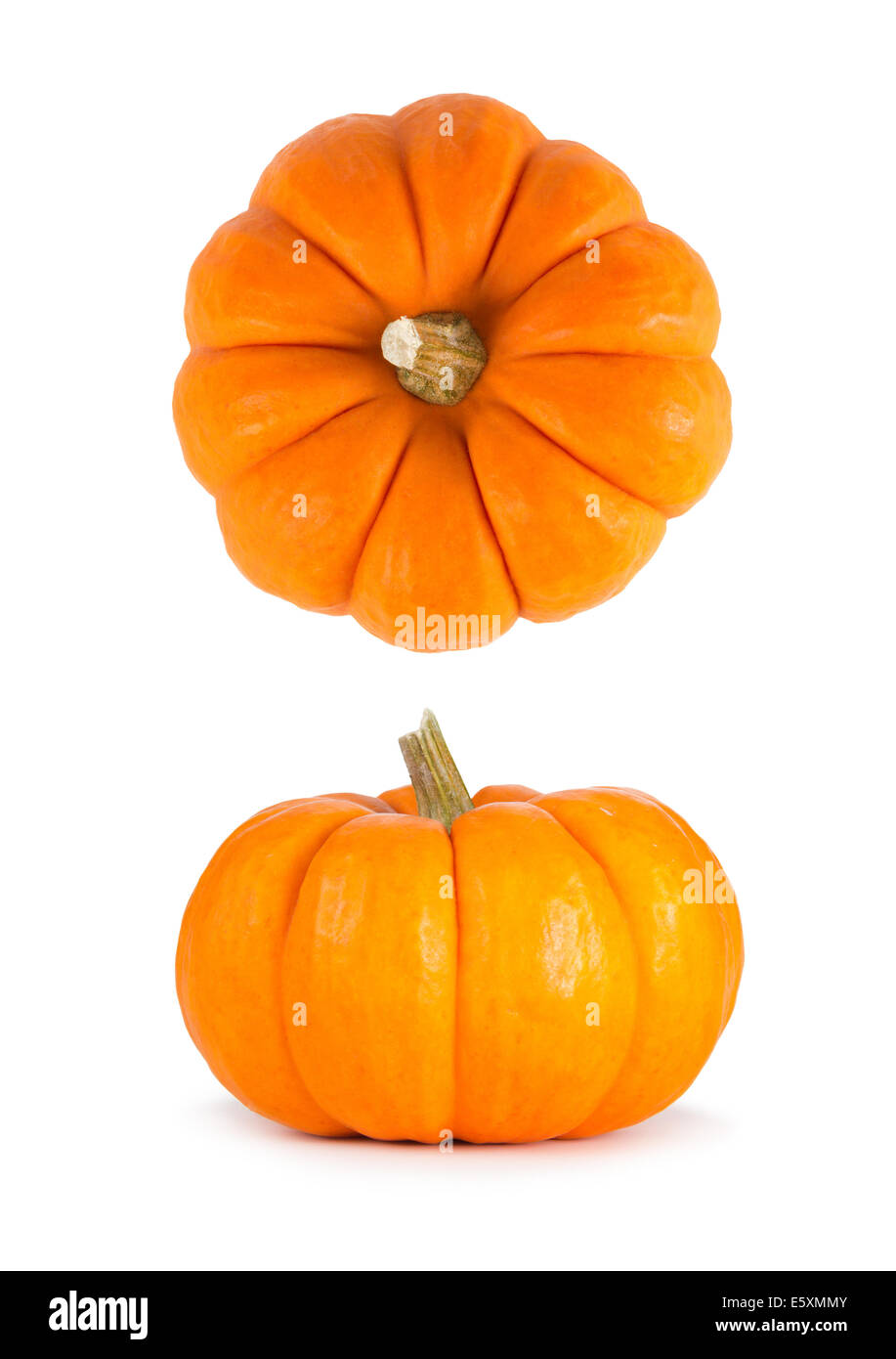 Mini orange pumpkins isolated on a white background. Top and side view. Stock Photo