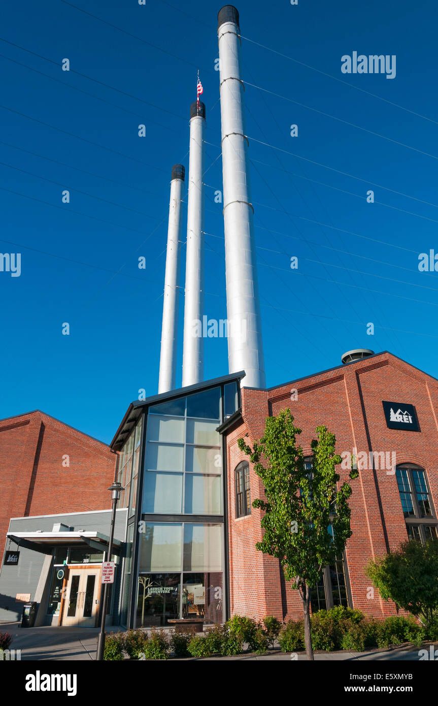 Oregon, Bend, Old Mill District, former lumber mill site smoke stacks