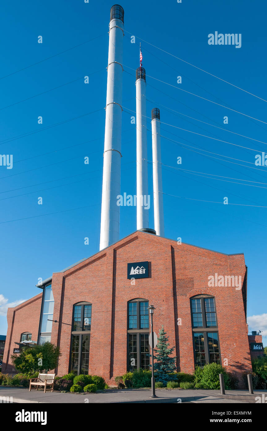 Oregon, Bend, Old Mill District, former lumber mill site smoke stacks