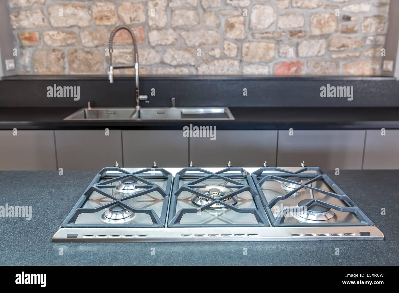 New fitted kitchen with built in gas hob Stock Photo Alamy
